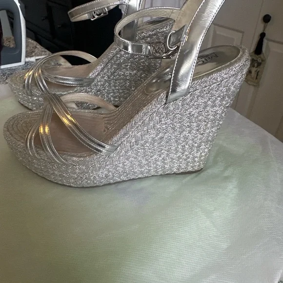 Michael Kors Silver Metallic Wedge Espadrille Sandals - Picture 2 of 5